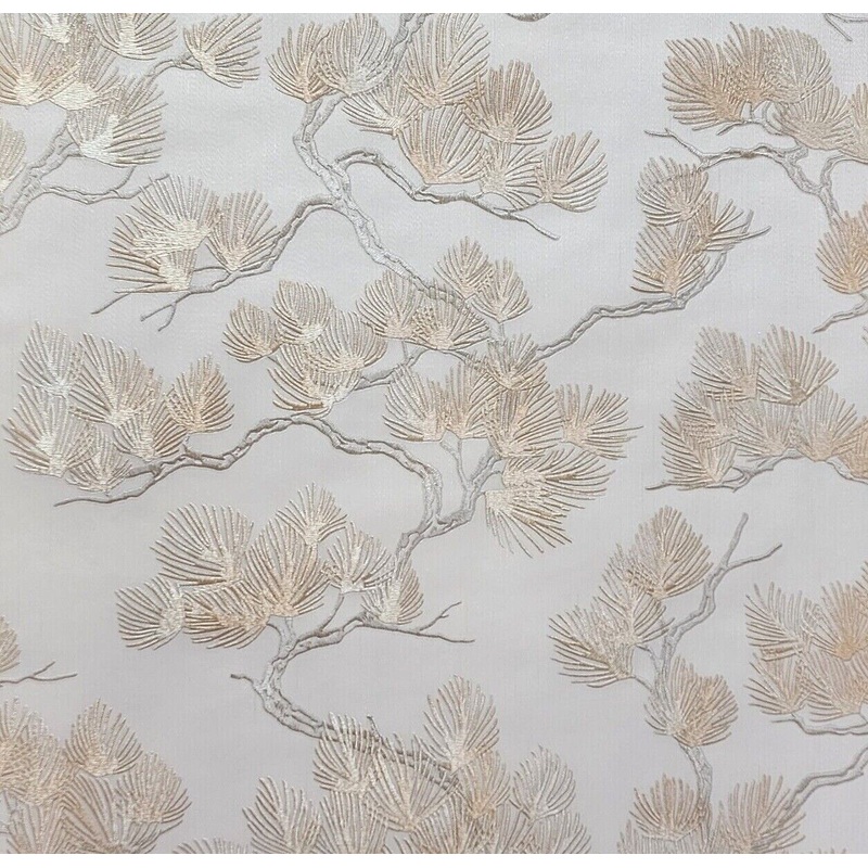 121012 Pine branches beige gold faux fabric oriental embroidery textured wallpaper roll