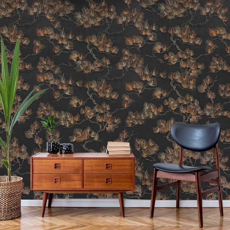 121015 Pine branches black bronze faux fabric oriental embroidery textured wallpaper 3D