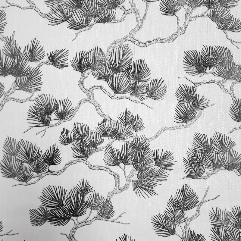 121014 Pine branches oriental white gray black faux fabric textured wallpaper rolls 3D