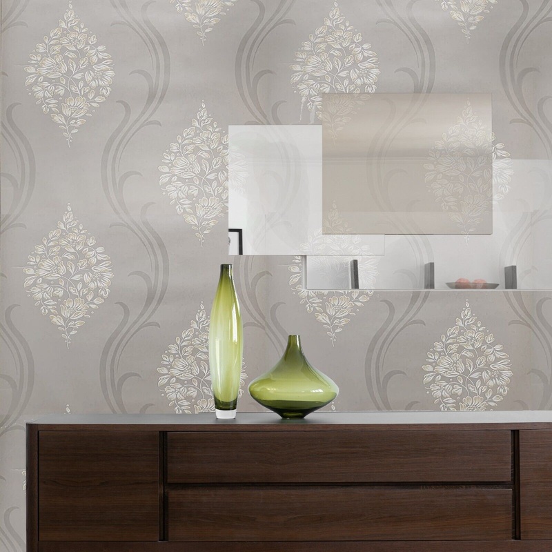 10180, NA0233 Taupe gray white gold metallic floral damask wave lines victorian wallpaper roll