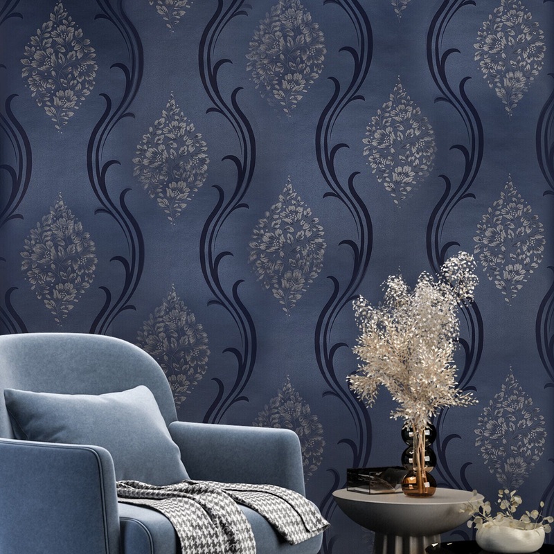 10217 Navy dark blue metallic beige floral damask wave lines Victorian wallpaper roll