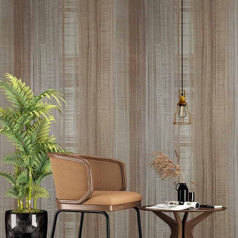 11067 Tan brown lines faux sackcloth fabric textured distressed striped wallpaper roll