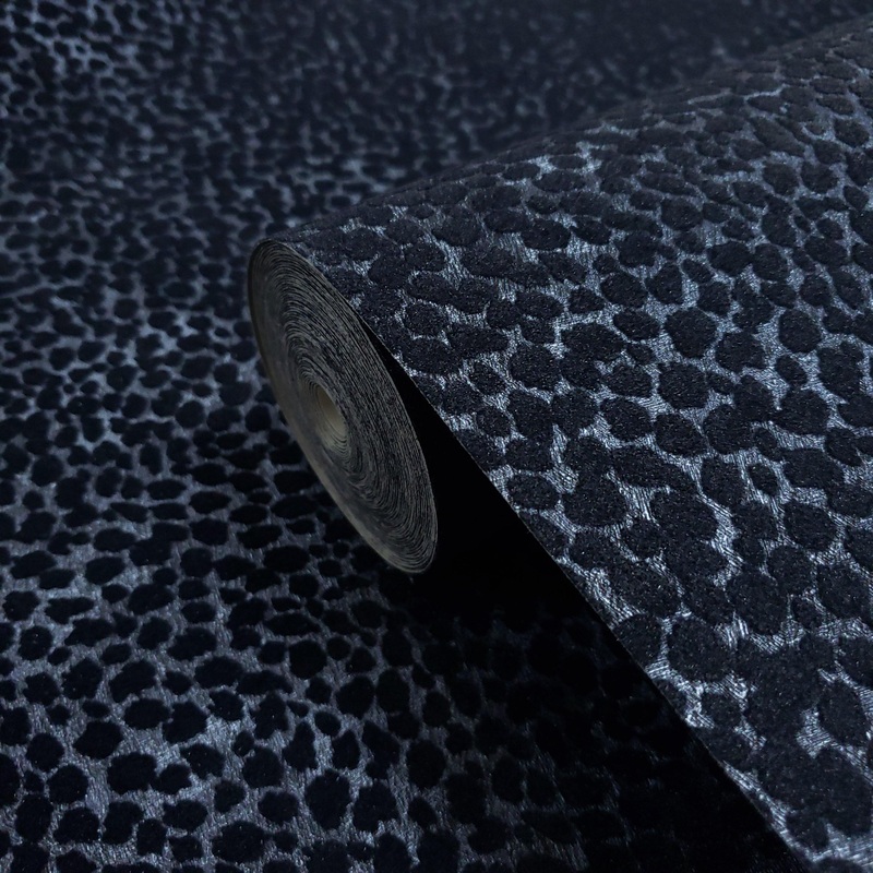 115014 Flocked Charcoal Black Flock Spot Dot Cheetah Leopard Fur Flocking Wallpaper